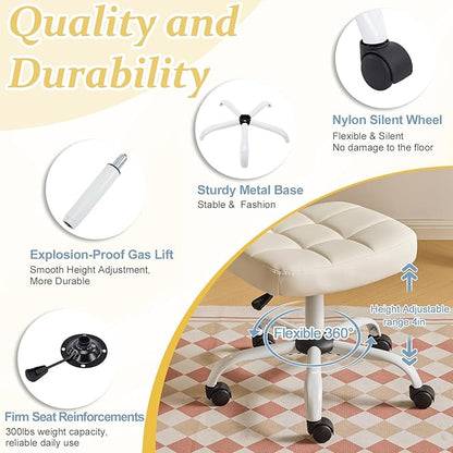 VINGLI Compact Small Desk Chair, Cute Armless Chair with Wheels, Vanity Chair with Low Back, Height Adjustable Task Chair for Small Spaces, Office, Bedroom, Make Up Room, PU Leather, White