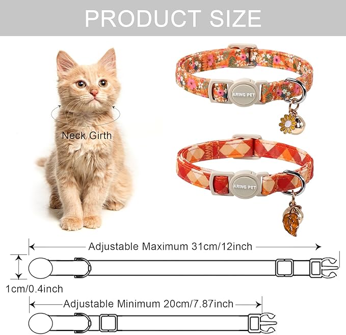 ARING PET 2 Pack Cat Collars, Breakaway Cotton Fall Halloween Kitten Collar with Bells for Girl Boy Cats Floral & Orange Plaid