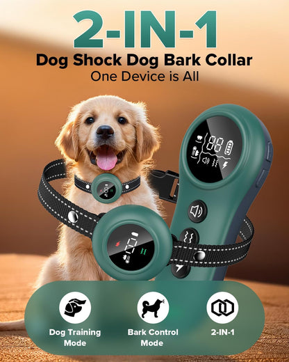 [New 2025] 2-in-1 Dog Shock Collar & Bark Collar – 3300FT Dog Training Collar with Remote, Automatic Anti-Barking, 5 Adjustable Sensitivity Levels, IP67 Waterproof E-Collar for Small Medium Large Dogs