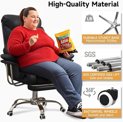 HDHNBA Big and Tall Office Chair 550 lbs Extra Wide Leather Executive Chair with Retractable Footrest, Heavy-Duty Ergonomic Chair, Adjustable Height Computer Gaming Chairs