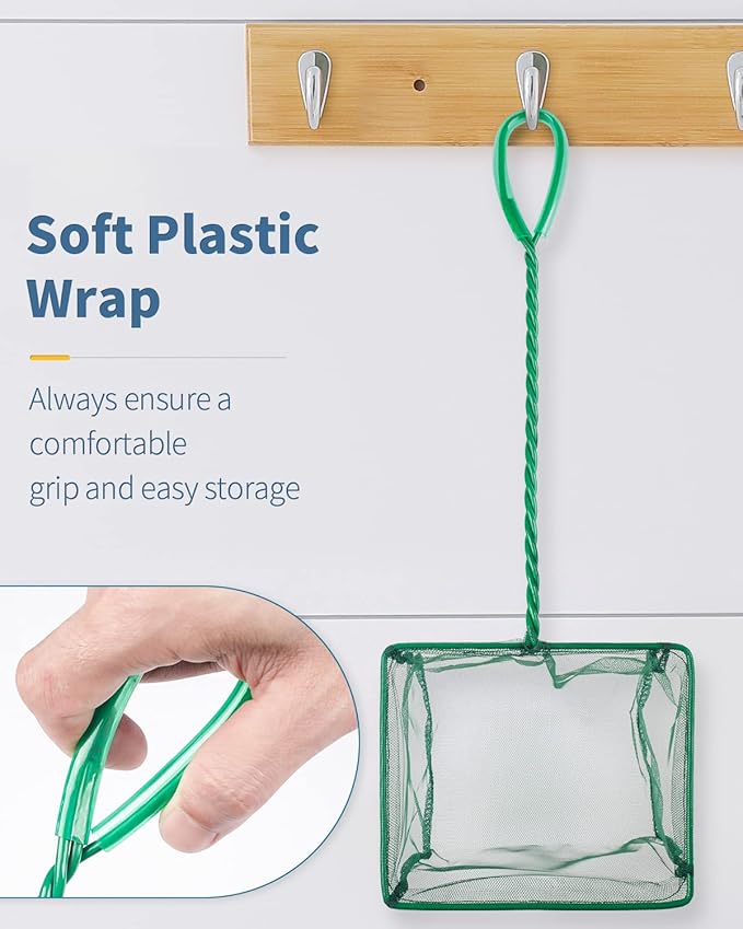 Pawfly Aquarium Fish Net with Braided Metal Handle Square Net with Soft Fine Mesh Sludge Food Residue Wastes Skimming Cleaning Net for Fish Tanks Small Koi Ponds and Pools