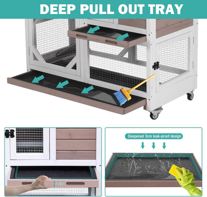 Rabbit Hutch Indoor for 2-4 Rabbits & Guinea Pigs，Bunny Cage with Slide-Out Plastic Trays，Wooden Small Animal Cage for Rabbits, Bunnies, and Guinea Pigs