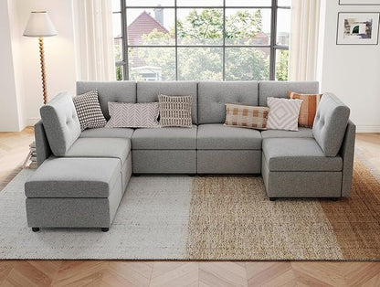 LINSY HOME Modular Sectional Sofa Oversized, Removable Cover Living Room Couches with Storage Deep Seat & Ottoman Chaise L/U Shaped Sofa Modern Couch (Grey, 6 Seats & 1 Ottoman)