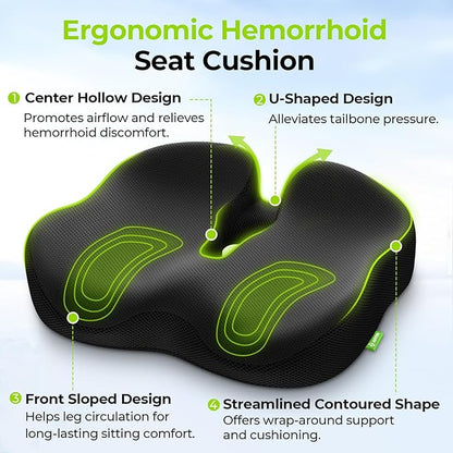 AUVON Ergonomic Donut Pillow Seat Cushion for Hemorrhoid & Tailbone Pain Relief, Thick Memory Foam Chair Cushions with Firm Support for Coccyx, Sciatica, Pressure Sores, Pregnancy, Postpartum Recovery