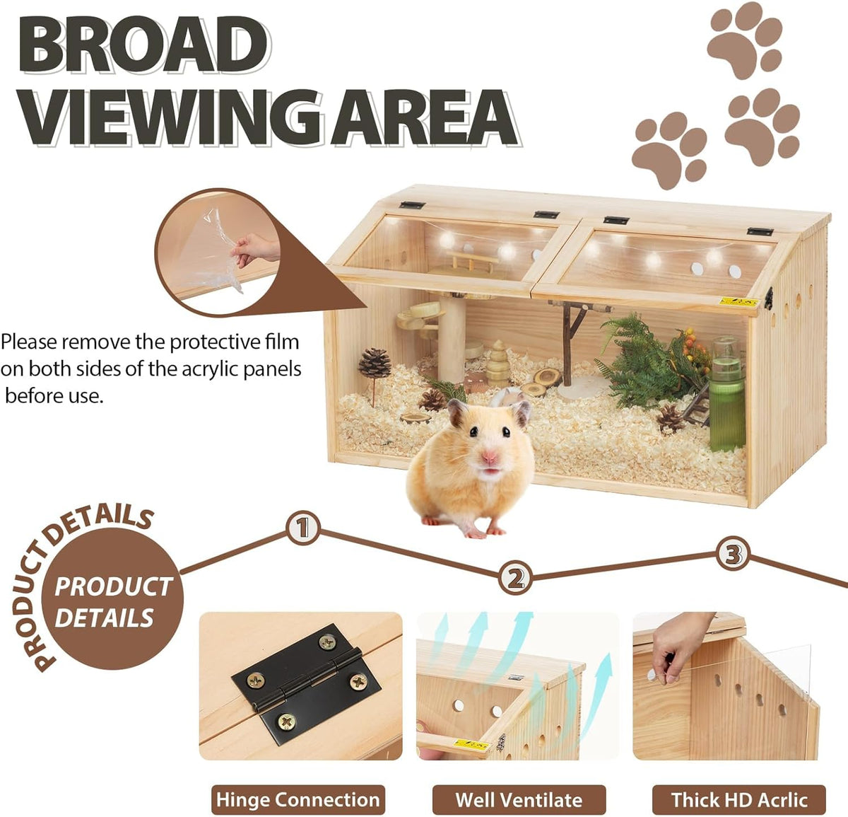 COZIWOW Wooden Hamster Cage, Large Hamster Habitats Enclosure with Acrylic Window & Openable Top, (32" L x 16" W x 16" H) Small Animal Cage for Guinea Pig, Chinchilla, Gerbil