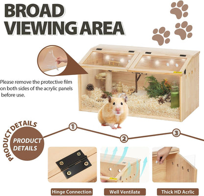 COZIWOW Wooden Hamster Cage, Large Hamster Habitats Enclosure with Acrylic Window & Openable Top, (32" L x 16" W x 16" H) Small Animal Cage for Guinea Pig, Chinchilla, Gerbil