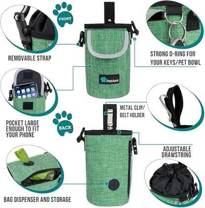 PetAmi Dog Treat Pouch, Large Pet Training Treat Pouch with Pocket, Dog Trainer Essentials Supply Holder with Poop Bag Dispenser, Training Bag for Kibbles Toys, 3 Ways to Wear (Green)
