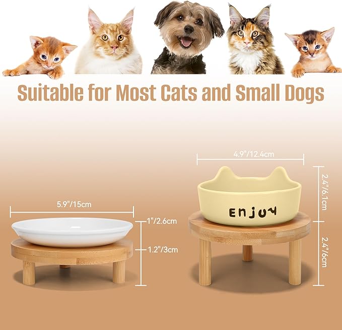 3PCS Elevated Cat Bowls,Wide Raised Ceramic Pet Dishes with Bamboo Stand, Whisker Friendly Pet Water or Food Plates Feeding Station for Indoor Small Dogs, Kitten (Yellow(3PCS))