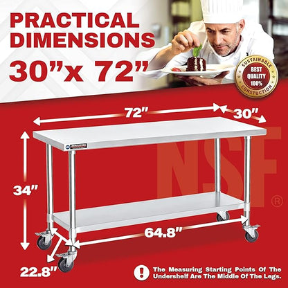 DuraSteel 30x72 NSF Stainless Steel Cart - Heavy Duty Food Prep Table with Undershelf - Rolling Kitchen Island on Wheels for Commercial Restaurant Kitchen, Garage, Outdoor Cooking, BBQ Grill, Counter