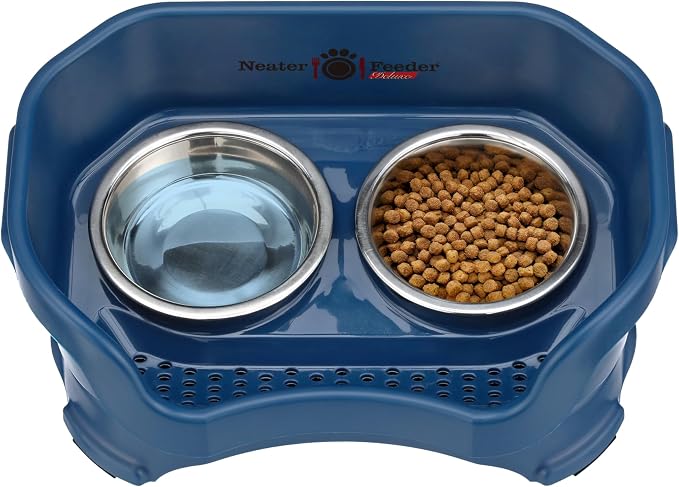 Neater Pet Brands Neater Feeder Deluxe Mess Proof Dog Bowls Elevated for Small Dogs Under 19 lbs, Made in USA, No Spill Raised Dog Food Bowl Stand Feeding Station, Food and Water Bowl Set, Dark Blue
