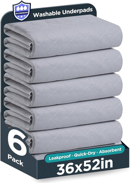 Washable Bed Pads 36" x 52" - 6 Pack, Grey, Waterproof Bed Pads for Incontinence, Bed Wetting Pads for Bed, Sofa, Floor, Resuable Underpads for Adults, Seniors, Pet