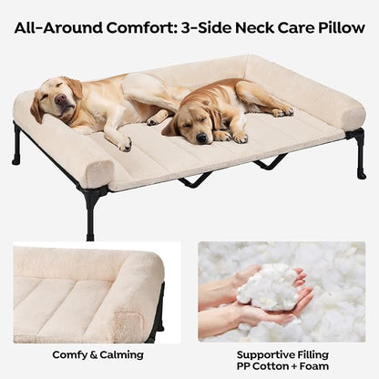 Veehoo Orthopedic Elevated Dog Bed with Fluffy Plush Bolster Cushion, Indoor Raised Dog Beds for Large Dogs, Soft Pet Sofa Cot with Removable Washable Mat, No-Slip Feet, 59 x 37 inches, Cream White
