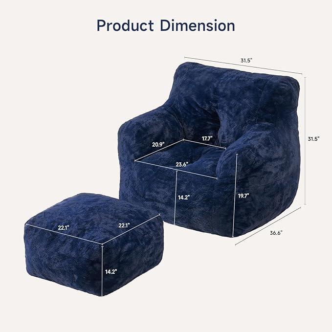 ONBRILL Giant Bean Bag Chairs for Adults with Ottoman, Faux Fur Boneless Chaise Couch Filler with Memory Foam,Large BeanBag Lounge Lazy Floor Sofa Accent Chair for Living Room,Bedroom & Game Rooms