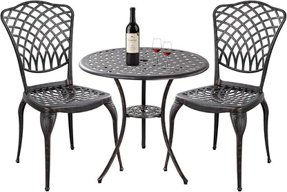 Withniture Bronze Patio Bistro Set - 3 Piece Outdoor Cast Aluminum Furniture, Large Table & Chairs, Weather Resistant, Adjustable Foot Pads, Umbrella Hole