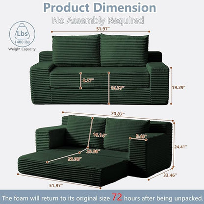 70.87" Loveseat Sofa Bed - Corduroy Upholstered, Comfy Deep Seat & Modern Design - Small Space Friendly, No Assembly Needed - Ideal for Living Room, Bedroom, Apartment, Home Office, Green