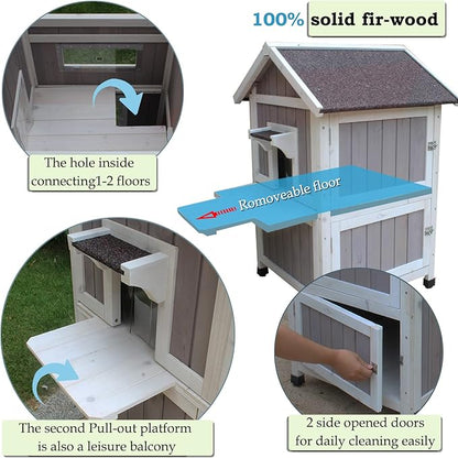 Rockever Outdoor Cat House, Large Outdoor Houses for Feral Cats Wooden Outside Cat Shelter Weatherproof with Escape Door
