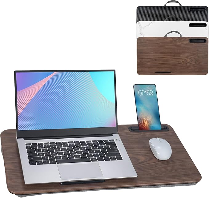 Portable Laptop Desk Fits Up to 16“ Laptops, with Tablet Slot, Built-in Cushion, Great for Home & Office,Lap Desk for Laptop,Lap Desk with Cushion (Brown, Large)