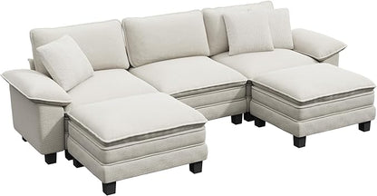 MIXPATIO 123-Inch U Shaped Sectional Sofa with Cloud Cushions, Deep Seat Modular Couch Set w/ 5 Seats & 2 Ottomans, Removable Arms, Plush Chenille Upholstery for Living Room, Apartment - Beige