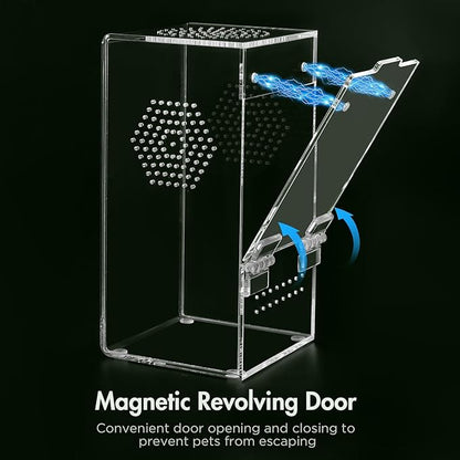 Pre-Assembled Jumping Spider Enclosure, Acrylic Terrarium with Magnetic Door & All-Side Ventilation, Habitat for Spiderling, Mantis, Tarantula, Snail, 3.5"×3.5"×7" (Tweezer & Temp Sticker Included)
