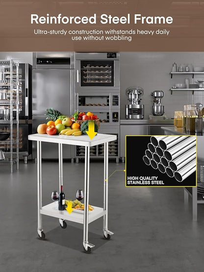 Stainless Steel Table for Prep and Work 24 x 18 Inches, NSF Metal Commercial Worktables, W/4 Caster Wheels for Restaurant, Home, Outdoor, Garden, Warehouse and Hotel