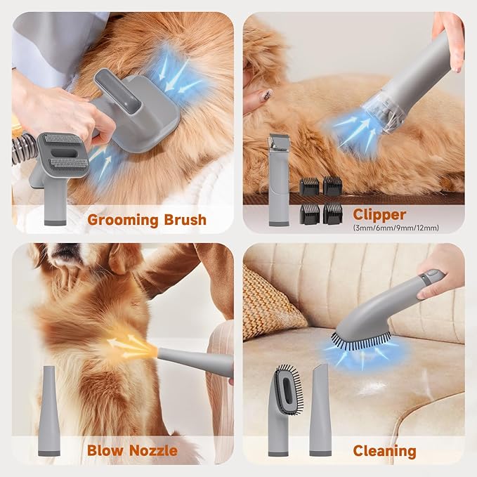 BONJELA Pet Grooming Vacuum and Dryer for Dogs with 3L Large Canister, Dog Grooming Vacuum Able to Store All Attachments, Powerful 15000Pa Suction Dog Vacuum for Shedding Grooming, Grey
