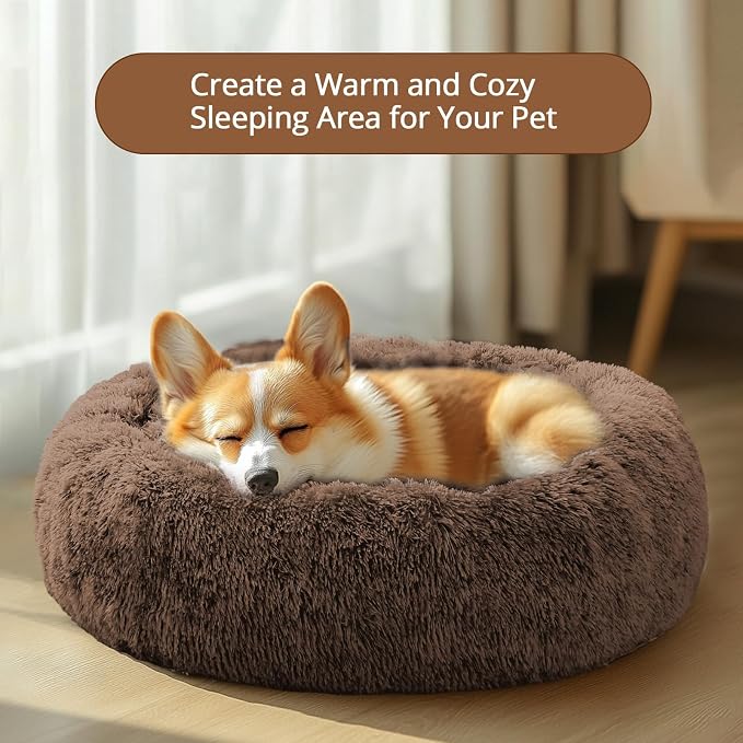 JOLLYVOGUE Calming Dog Bed for Small Dogs - 23 inches Donut Washable Small Dog Bed for Kittens & Puppies, Anti-Slip Round Fluffy Plush Faux Fur Cat Beds (Fits up to 25 lbs Pets, Coffee)