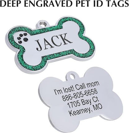 Personalized Stainless Steel Pet ID Tags with Glittery Bone Design - DEEP Engraved Dog Tags Engraved for Pets Customized with 5 Lines Dogs and Cats Pets