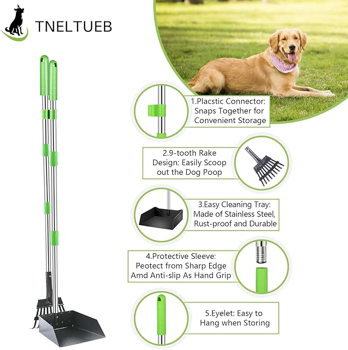 TNELTUEB Extra Large Dog Pooper Scooper, Metal Pet Poop Tray & Rake Set, Adjustable Long Handle for Large Dogs - Great for Grass/Street/Gravel