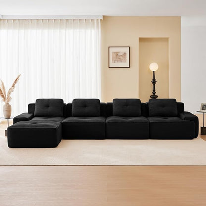 150.4'' Sectional Sofa, 32D Foam Corduroy Boneless Couch with Pillow, Deep Seat Wide Arm Sectional L Shaped Couch for Living Room, Apartment, Bedroom