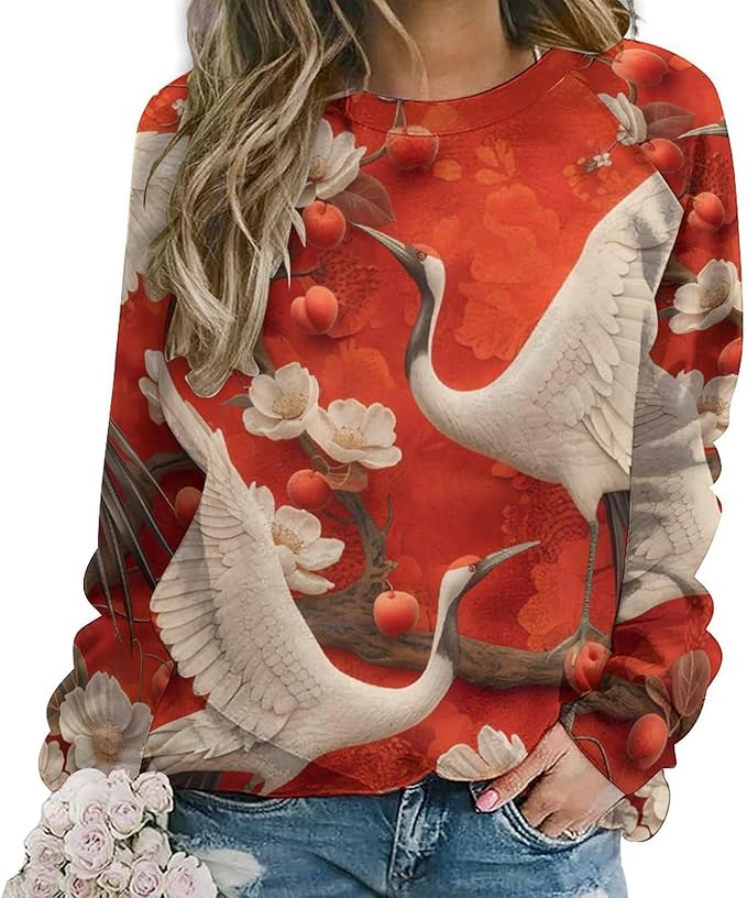 Womens Long Sleeve Tops Y2k Japanese Art Print Sweatshirts Fall Pullover for Women Crewneck Vintage Shirts Boho Tops