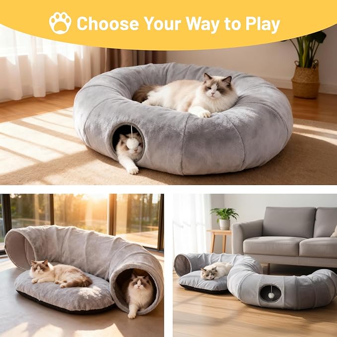 Luxury Plush Cat Tunnel Bed, White Faux Fur, Large Indoor Cat Hideaway, Cozy Sleeping Cave