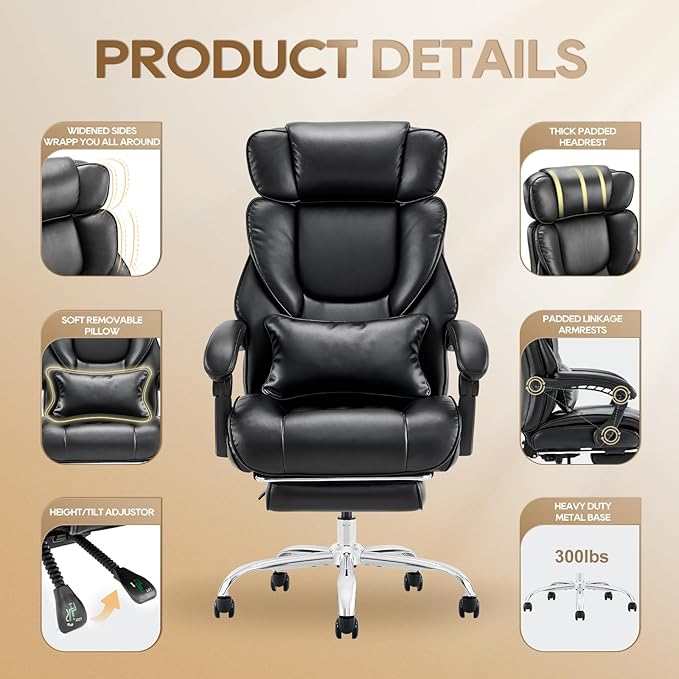 COLAMY Office Chair with Retractable Footrest, Ergonomic High Back Design Executive Computer Desk Chair with Removable Lumbar Pillow, 90-135°Reclining, Thick Bonded Leather for Home Office Work, Black