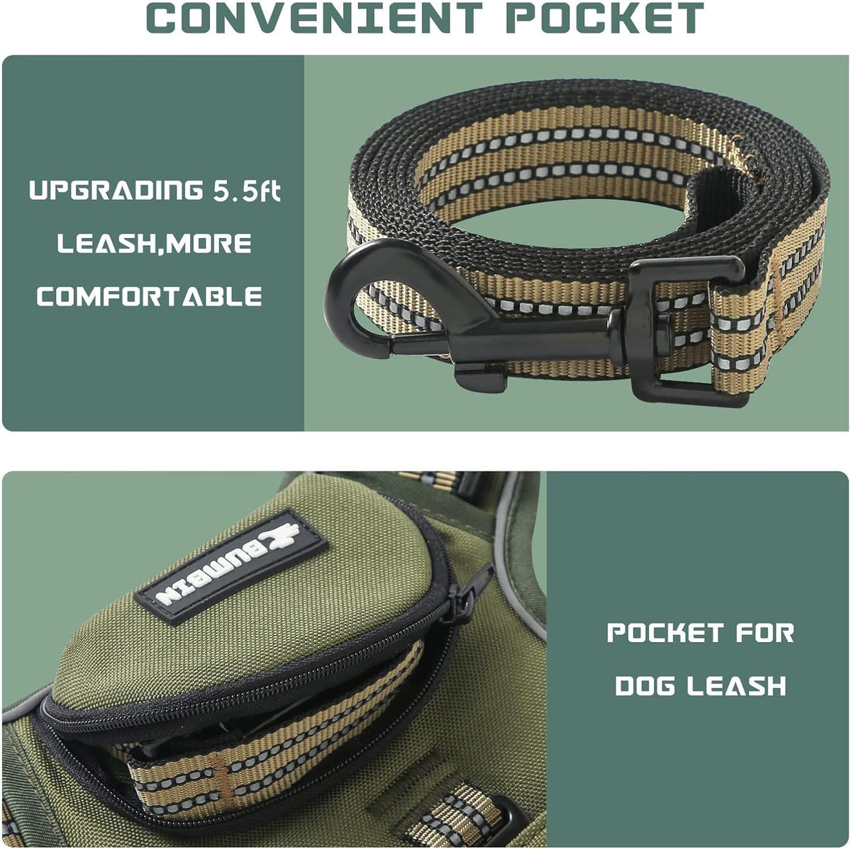 No Pull Dog Harness for Medium Dogs, Adjustable No Choke Pet Vest with Dog Leash Fit Smart Reflective Pet Walking Harness for Training Easy Control Soft Handle Green M