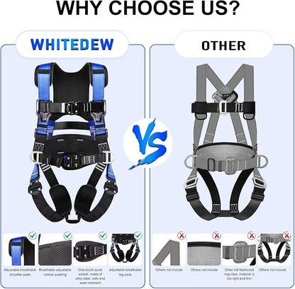 Fall Protection Premium Safety Harness with Shock Absorbing Lanyard, Vented & Padded Shoulder, Legs & Back - Upgrade 4 Quick Buckles (Blue)