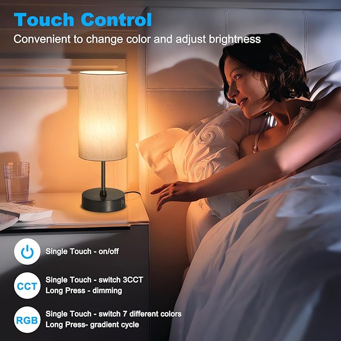 Unicozin Small Table Lamp, 7 RGB & 3 CCT 3000K/4500K/6500K, Stepless Dimmable Bedside Lamp with Grey Shade, Touch Control Ambience Nightstand Light for Living Room Dorm Home Decor Party