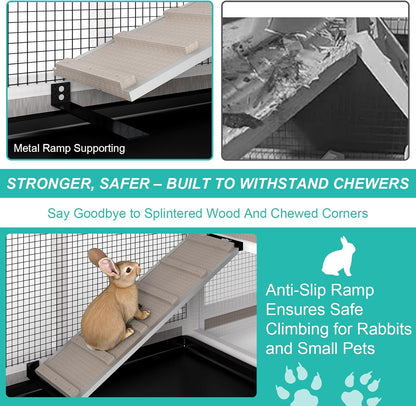 2-Tier Rabbit Hutch with Wheels, Indoor & Outdoor Small Animal Cage with Deep Pull-Out Tray, Anti-Chew Frame, Habitat for Bunny, Guinea Pig, Chinchilla (60" L x 19" W x 35" H)