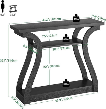 Wooden Console Table with Curved Legs and Shelf, 3-Tier Modern Accent Sofa Table for Entrance Area, Living Room, Hallway, 47 in Wide (Black)