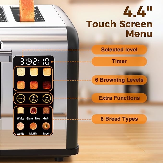 4 Slice Touch Screen Toaster, Easy-to-Use Digital Stainless Steel Toaster