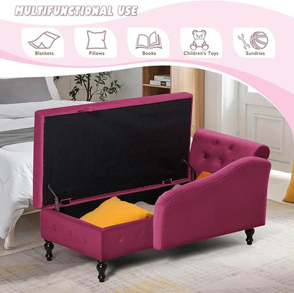 ACMEASE Velvet Chaise Lounge with Left Armrest & Storage Space,Button Tufted Lounge Chair w/Lumbar Pillow,Modern Upholstered Lounge Chair for Bedroom, Living Room and Office, Fuchsia