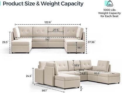 LINSY HOME Modular Sectional Sofa Oversized, Removable Cover Living Room Couches with Storage Deep Seat & Ottoman Chaise L/U Shaped Sofa Modern Couch (Dark Grey, 6 Seats & 2 Ottomans)