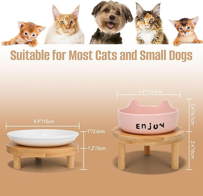 3PCS Elevated Cat Bowls,Wide Raised Ceramic Pet Dishes with Bamboo Stand, Whisker Friendly Pet Water or Food Plates Feeding Station for Indoor Small Dogs, Kitten (Pink(3PCS))