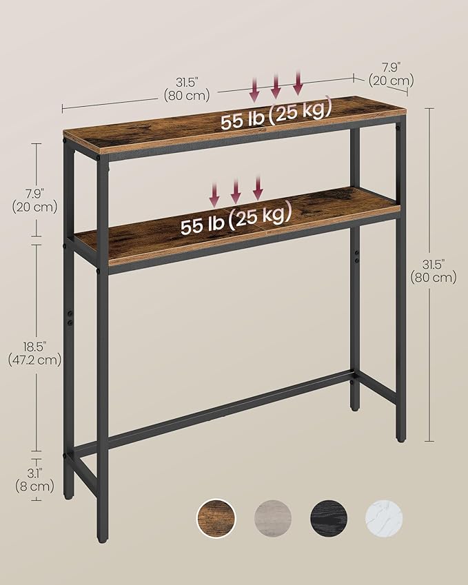 VASAGLE Console Table, 2-Tier Narrow Sofa Table with 2 Shelves, 7.9 x 31.5 x 31.5 Inches, for Living Room, Hallway, Entryway, Rustic Brown and Ink Black ULNT130K01V1