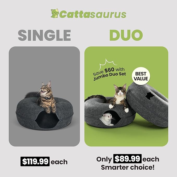 Cattasaurus Peekaboo Cat Cave, Extra Spacious for Multiple & Large Cats 12+ lbs, Scratch Detachable Beds for Indoor Cats, Washable Tunnel Bed, Comfy Cat Donut Tunnel (Dark Gray+Dark Gray, Jumbo)