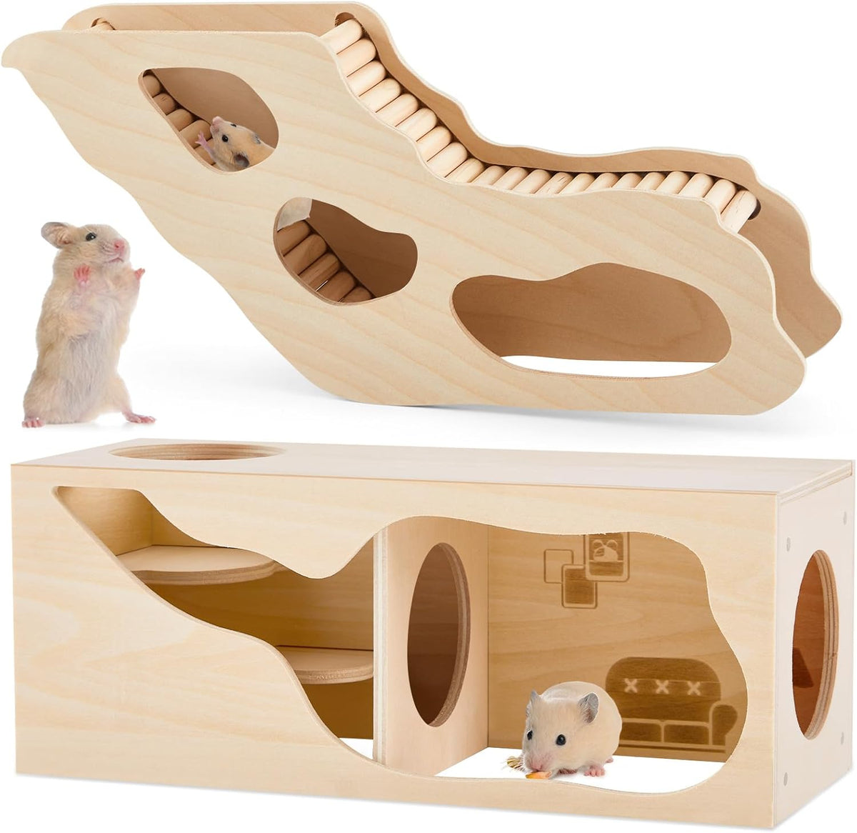 2 Pcs Hamster Houses and Hideouts Hamster Tunnel Set Wood House for Hamster with Climbing Ladder Exploring Tunnel Multi Chamber Maze for Small Animals Pets Gerbils Hedgehogs Rats Mice
