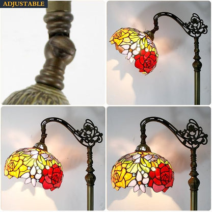 WERFACTORY Tiffany Floor Lamp Red Rose Flower Stained Glass Arched Lamp 10X18X64 Inches Gooseneck Adjustable Corner Standing Reading Light Decor Bedroom Living Room S001 Series