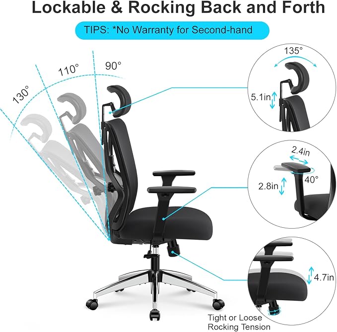 Ticova Ergonomic Office Chair - High Back Desk Chair with Adjustable Lumbar Support, Headrest & 3D Armrest - 130°Rocking Mesh Computer Chair