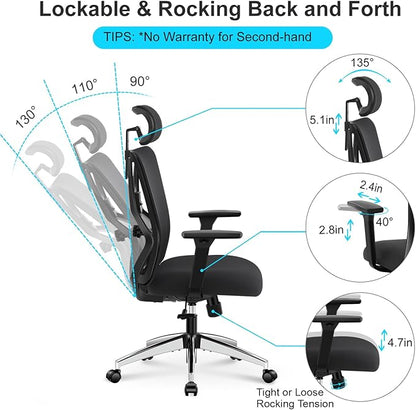 Ticova Ergonomic Office Chair - High Back Desk Chair with Adjustable Lumbar Support, Headrest & 3D Armrest - 130°Rocking Mesh Computer Chair