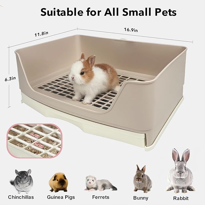 RUBYHOME Oversize Rabbit Litter Box with Drawer, Corner Toilet Box with Grate Potty Trainer, Bigger Pet Pan for Adult Guinea Pigs, Chinchilla, Ferret, Galesaur, Small Animals, 16.9 inch Long (White)