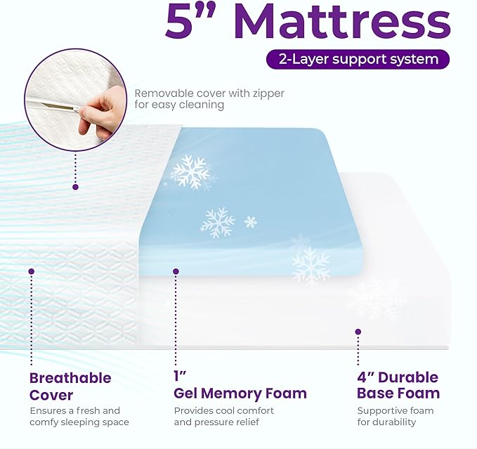 GAESTE 5 Inch Twin Cooling Gel Memory Foam Mattress Medium Firm Pressure Relief CertiPUR-US Certified Foam, Mattress in a Box Comfortable and Supportive No Fiberglass (Twin, 5 in)
