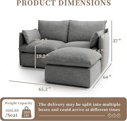 Gtilzria Waterproof Cloud Sectional Couches,High Backrest Down Filled Sofa for Living Room,Modular Sofas 2 Seater with Ottoman,Detachable Couch Covers,Dark Grey